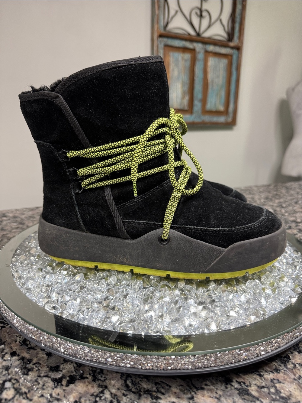 BareTraps Black Suede Winter Boots with Neon Yellow Laces and Sole EUC 9